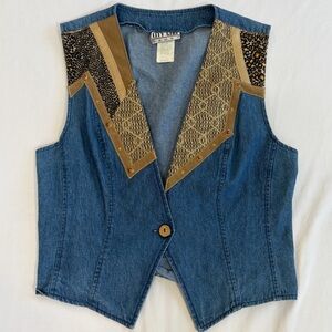 Vintage Denim Vest with Animal Print Accents 100% Cotton Women's Medium